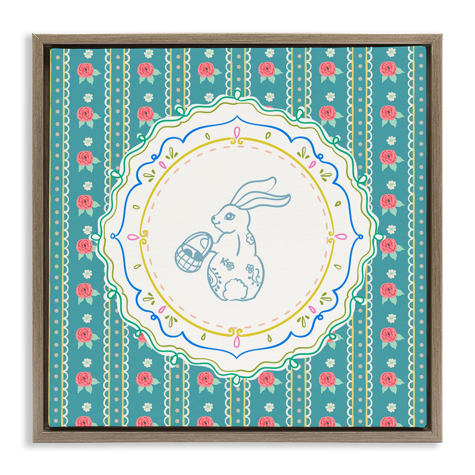 Stupell Industries Flower Stripes Pattern Bunny Floating Frame Wall Art
